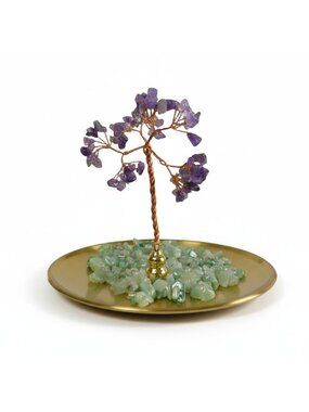 Amethyst & Green Aventurine Crystal Bonsai Tree On Gold Base 3.5" Diameter For H